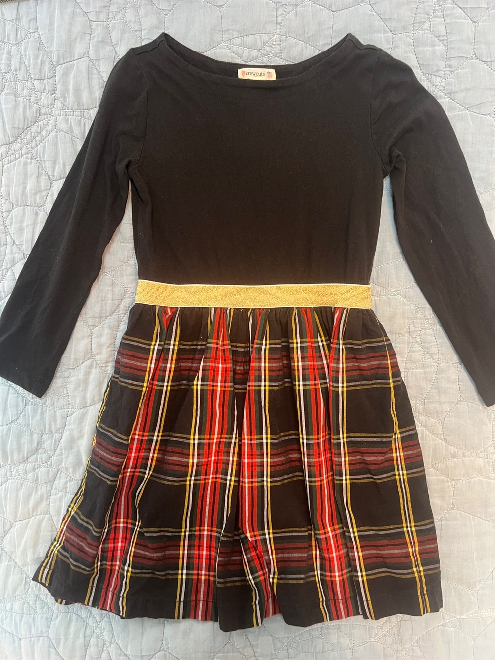 J Crew Girls Black Long-Sleeve Dress with Plaid Skirt